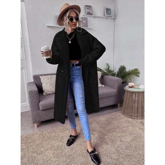 Double Button Teddy Coat Long Trench Coat Fuzzy Fluffy faux fur white cream - Picture 7 of 8